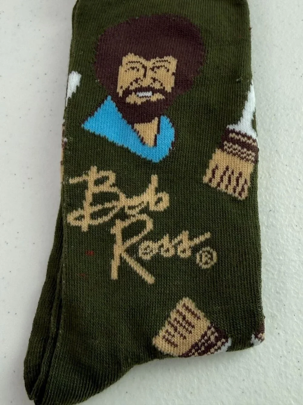 Bob Ross Mens Crew Socks Green Paint Brush Artist Novelty Shoe Size 6-12 New